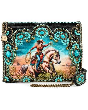 Mary Frances Cowgirl Beaded Crossbody Handbag With Western Rodeo Motif And Turquoise Accents Novelty Statement Clutch Bag - Blue