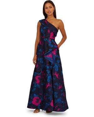 Adrianna Papell One Shoulder Floral Jacquard A Line Gown - Blue
