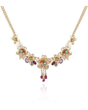 Guess Gold-tone Floral Motif And Butterfly Necklace With Aqua - Metallic