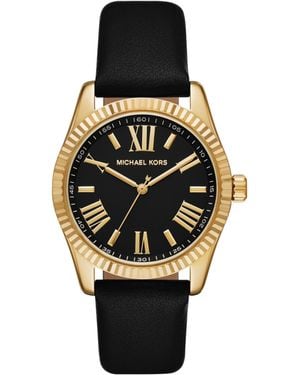 Michael Kors Lexington Three-hand Gold Stainless Steel And Black Leather Band Watch - Metallic