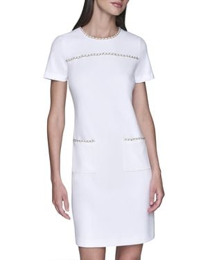 Karl Lagerfeld Paris Short Sleeve Chain Trims Scuba Crepe Shift Dress - White