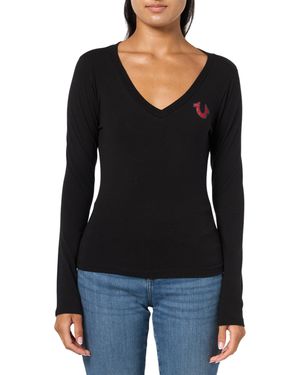 True Religion T-shirt da donna con scollo a V Crystal Buddha Ls - Nero