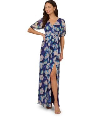 Adrianna Papell Crinkle Chiffon Floral Gown - Blue