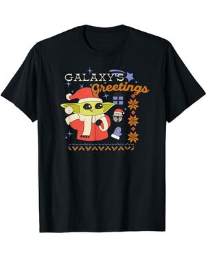 Amazon Essentials The Dalorian Grogu Christmas Holiday Galaxy's Greetings T-shirt - Black