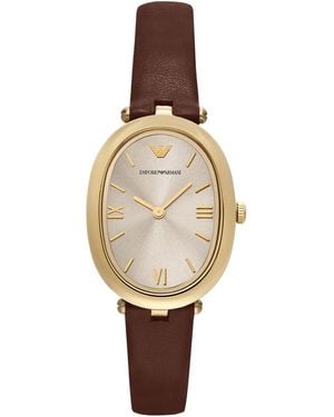 Emporio Armani Two-hand Brown Leather Watch - White