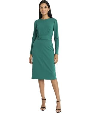 Maggy London Elegant Knee-length Sheath Long Sleeve Fitted Silhouette With Waist Belt-versatile Cocktail Dress - Green