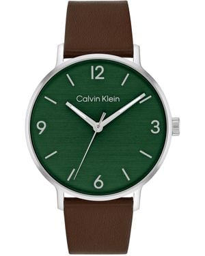 Calvin Klein Stainless Steel Case And Leather Strap - Water Resistant To 3atm/30 Meters - Premium Fashion Timepiece For Day-to-evening Style - Green