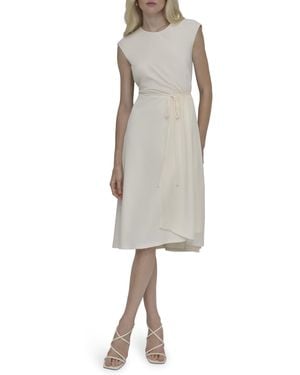 DKNY Cap Sleeve Jewel Neck Drawstring Tie Detail Asymmetrical Hem Dress - Natural