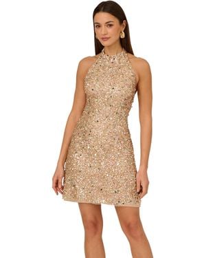 Adrianna Papell Beaded Halter Short Dress - Natural