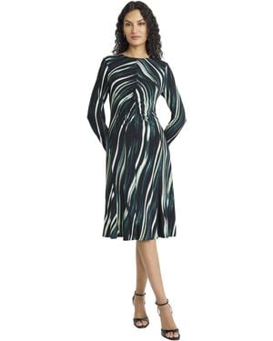 Maggy London Long Sleeve Midi A-line Ruched Waist-smooth Matte Jersey Fabric-round Neck Cocktail Dresses - Blue