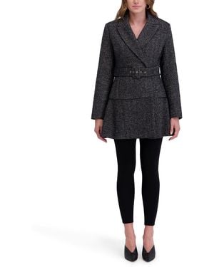 Kensie Outerwear Textured Wool Blend Flared Coat With Belt - Black