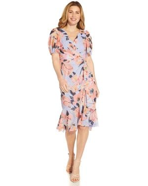 Adrianna Papell Printed Floral Chiffon Clip Dot Side Cascade Dress - Pink