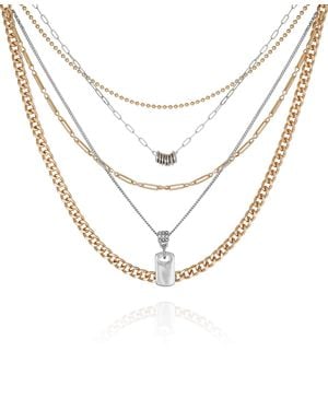 Guess Two Tone Crystal Stone 5 Piece Layered Necklace - White