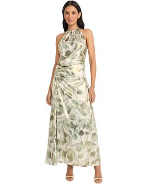 Maggy London Ruched Waist Halter Neck A-line Maxi-ankle Length Special Occasion-formal Evening Dress - Metallic