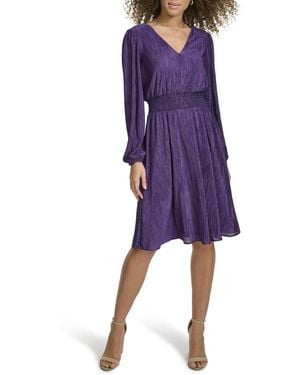 Kensie Balloon Sleeve Smocked Waist Mini Dress - Purple