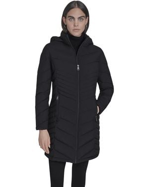 Calvin Klein Hooded Chevron Quilt Puffer Coat – Slimming Longline Winter - Black