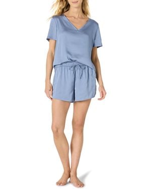 Amazon Essentials Nachtwäsche-Set aus Satin-T-Shirt Mit V-Ausschnitt und Shorts - Blau