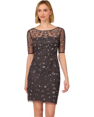 Adrianna Papell Beaded Floral Short Dress - Gray