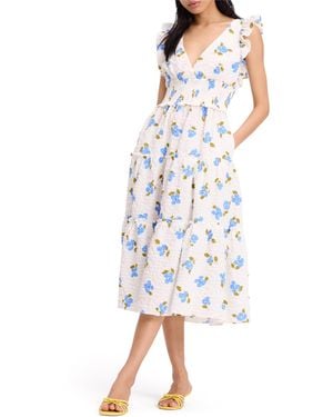 Kate Spade Painterly Bouquet Flutter Sleeve Tiered Midi Dress - White