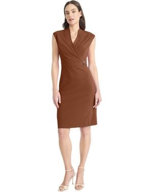 Maggy London Sleeveless Scuba Crepe Sheath V-neck Wrap Bodice-professional Cocktail Dresses - Brown