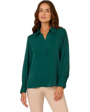 Adrianna Papell Long Sleeve Open V-neck Collar Silky Woven Blouse - Green