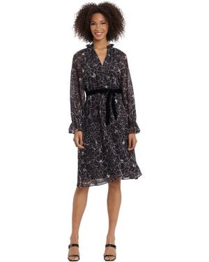 Maggy London Shirred Neck Hem Flounce Dress - Black