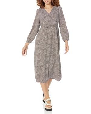 Amazon Essentials Leichtes Georgette-Midikleid mit Langen Ärmeln und V-Ausschnitt - Grau