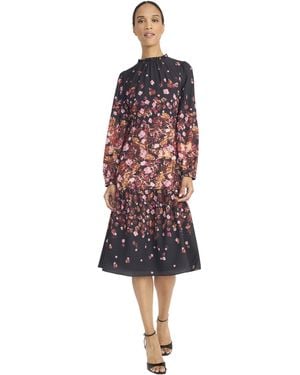 Maggy London Long Sleeve Mock Neck Midi Ruffle Details-floral A Line Dresses For - Red