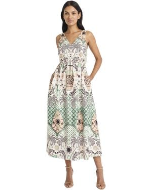 Maggy London V-neck Sleeveless Midi Fit And Flare Elastic Waist-side Pockets Casual Cocktail Wedding Guest Dress - Metallic