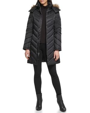Kenneth Cole Heavyweight 3/4 Puffer With Faux Fur Trimmed Hood - Black