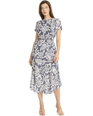 Maggy London Elastic Waist Midi Dress With Dolman Sleeves-pockets And Asymmetrical Hem-wedding Guest Cocktail - White
