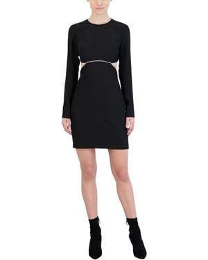 BCBGMAXAZRIA Fitted Short Cocktail Dress Long Sleeve Round Neck Rhinestone Trim Back Cutout - Black