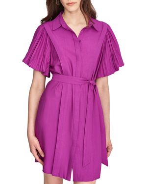DKNY Pleated Short Sleeve Collared Neck Shirtdress With Removable Belt - Purple