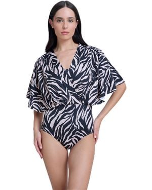 Gottex Standard Modest Sleeved Surplice Blouson One Piece Swimsuit With Full Seat Coverage - Blue