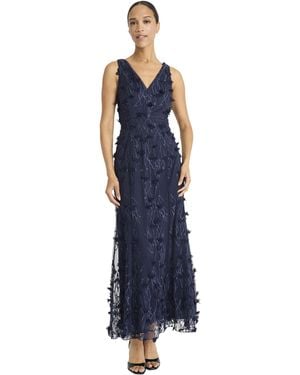 Maggy London Cascading Petals Mesh Sleeveless V-neck 3d Floral Applique Formal-ankle Length Evening Party Maxi Dress - Blue