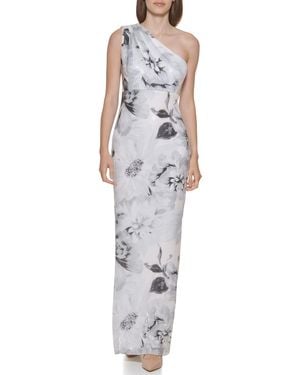Calvin Klein One Shoulder Gown With Shirred Bodice - Gray