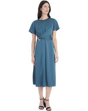 Maggy London Short Sleeve Round Neck A-line Midi Elegant Wedding Guest Dresses - Blue