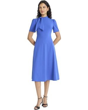 Maggy London Dresses Crepe Fabric Flight Attendant Bow Neck Tie Short Sleeve A-line - Blue