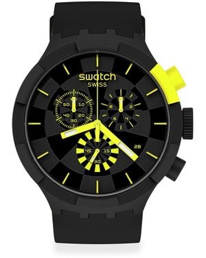 Swatch Big Bold Chrono Watch Casual Plastic Black Automatic Waterproof Checkpoint Yellow