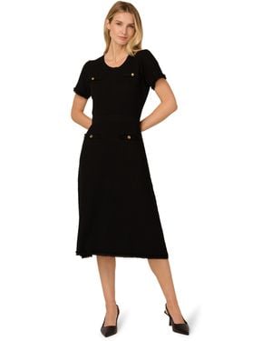 Adrianna Papell Waffle Textured Fit And Flare Midi Sweater With Mock Pockets - Black