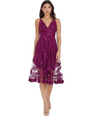 Dress the Population Audrey Spaghetti Strap Midi A-line 3d Floral Dress - Red