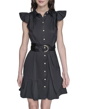 Karl Lagerfeld Paris Flutter Sleeve Collared Shirtdress - Black