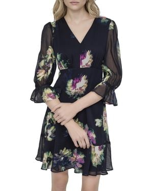 DKNY V-neck Balloon Sleeve Dress With Ruffle Hem - Black