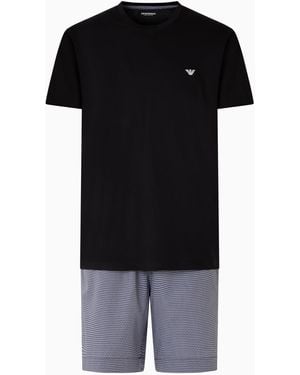 Emporio Armani Yard Dyed Woven Cotton Pajama Short And Tee Set - Black