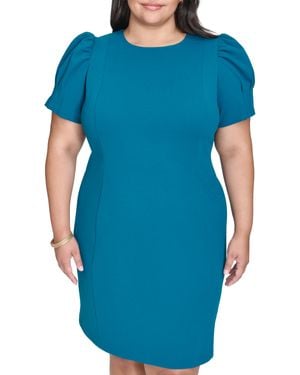 DKNY Plus Size Short Puff Sleeve Jewel Neck Exposed Zipper Knee Length Dress - Blue