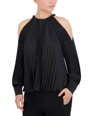 BCBGMAXAZRIA Cold Shoulder Long Sleeve Crew Neck Pleated Satin Blouse - Black