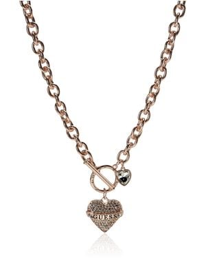 Guess Pave Heart with Logo Banner Pendant Toggle Necklace - Métallisé