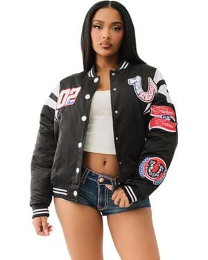 True Religion Tr Satin Oversized Varsity Bomber Jacket - Black