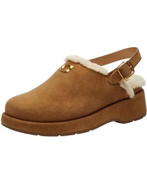 COACH Sculpted C Suede Shearling Platform Clog - Brown