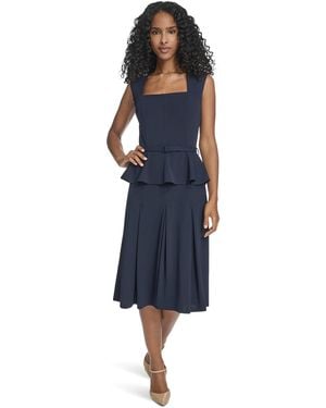 Calvin Klein Cap Sleeve Square Neck Belted Scuba Crepe Peplum Midi Dress - Blue
